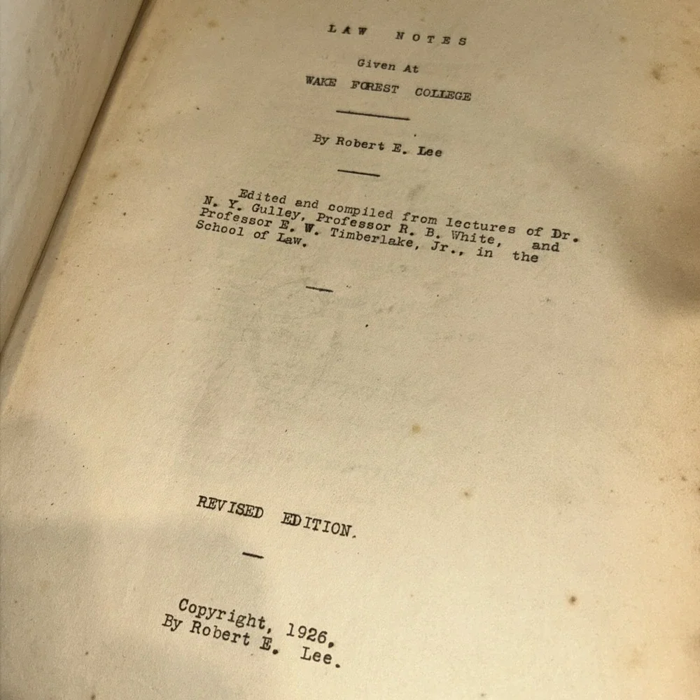 RARE 1926 Law Notes Given at Wake Forest College by Robert E Lee, North Carolina